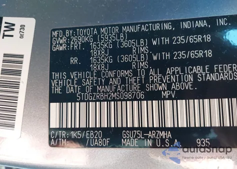 2021 Toyota Highlander Xle from USA, damaged, VIN 5TDGZRBH2MS098706